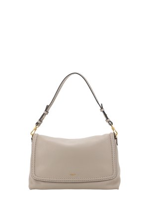 Beige leather shoulder bag with flap closure, stitched edges, gold brand logo, and adjustable strap with gold hardware.