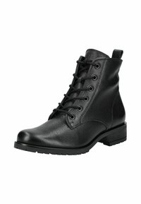 Zwarte veterschoenen tot de enkel van gestructureerd leer, met een ronde neus, een lage blokhak en stevige rubberen zolen.