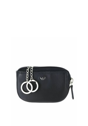 Black leather zippered pouch with two silver key rings attached by short silver chains and a small winged logo on front.