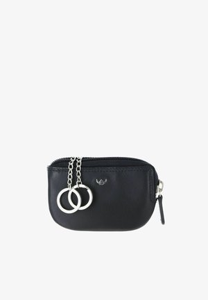 Black leather zippered pouch with two silver key rings attached by short silver chains and a small winged logo on front.