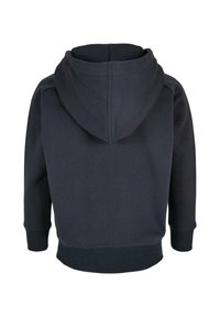 Felpa nera con cappuccio e maniche lunghe, con polsini e vita a costine, mostrata di spalle su uno sfondo bianco.
