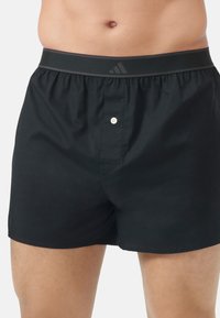 Černé bavlněné boxerky s černým elastickým pasem s logem. Zapínání vpředu na knoflík a hladký povrch.