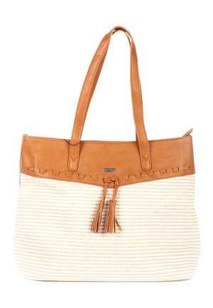 Sac cabas en cuir fauve et tissu rayé crème avec doubles poignées et pompons en cuir décoratifs à l'avant.