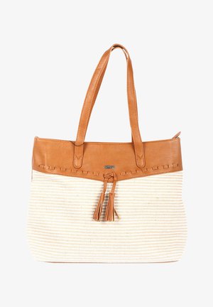 Tas van tan leer en creme gestreept stof met dubbele handvatten en decoratieve leren kwastjes aan de voorkant.