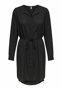 Abito nero a maniche lunghe realizzato in tessuto morbido, con colletto, cintura annodata in vita e orlo curvo.