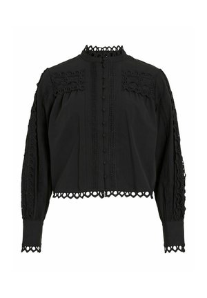 Blusa nera corta con maniche lunghe, dotata di bordo in pizzo, chiusura con bottoni e ricami intricati lungo le spalle e i polsini.