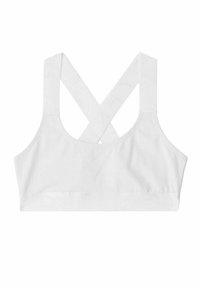 Vit bralette med tvärbaksdesign, tillverkad av mjukt tyg, med ett brett, texturerat band för stöd och en slät, odekorerad finish.