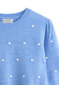 Maglione lavorato a maglia azzurro chiaro con scollo rotondo. Presenta delle decorazioni a pompon bianche distribuite uniformemente su tutta la superficie. Maniche leggermente a palloncino.