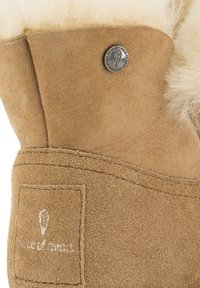Stivale in suede marrone chiaro con rivestimento in pelliccia crema, caratterizzato da un bottone in metallo argentato e un patch cucito con dettagli del logo. Superfici lisce e textured.