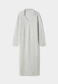 Vaaleanharmaa villasekoitekangasta oleva pitkä neulemekko, jossa on V-pääntie ja kaulus. Mekossa on pitkät hihat ja rento leikkaus. Silkinhieno pinta.