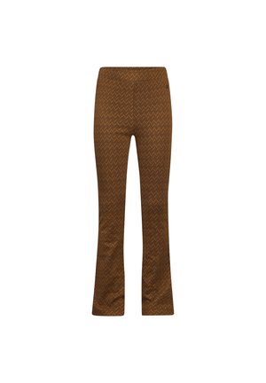 Bruine flared trousers met een herringbonepatroon, voorzien van een elastische tailleband en een soepele textuur, ontworpen voor comfort en stijl.