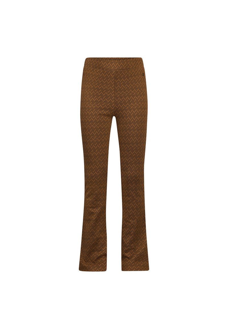 Bruine flared trousers met een herringbonepatroon, voorzien van een elastische tailleband en een soepele textuur, ontworpen voor comfort en stijl.