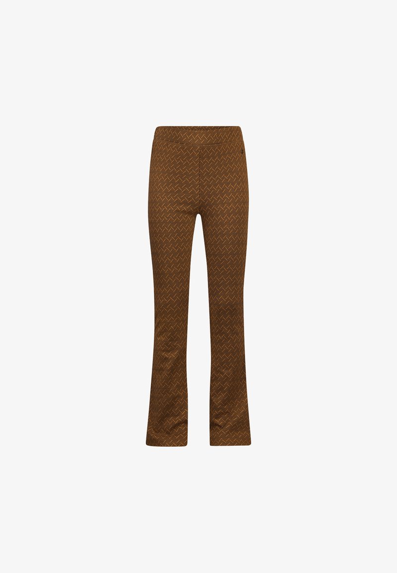 Bruine flared trousers met een herringbonepatroon, voorzien van een elastische tailleband en een soepele textuur, ontworpen voor comfort en stijl.