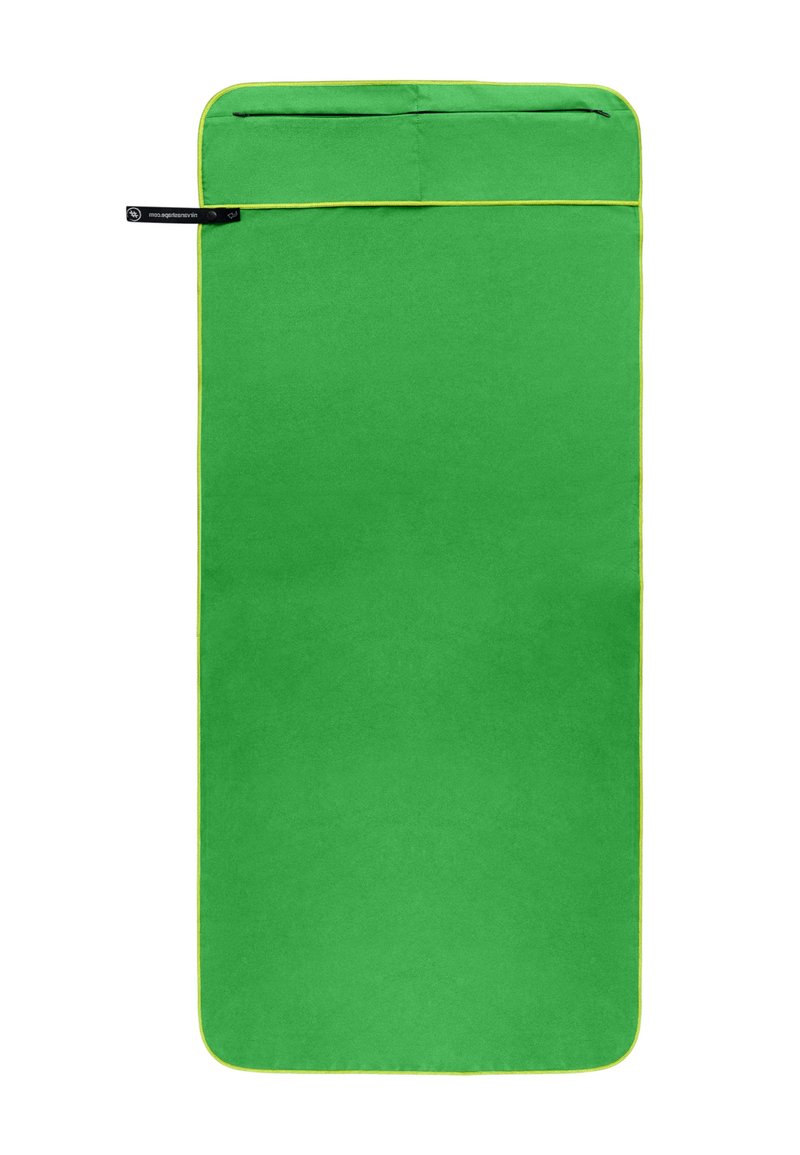 Green fabric sleeping bag with yellow piping, rectangular shape, smooth texture, and a zipper pocket at the top for storage.