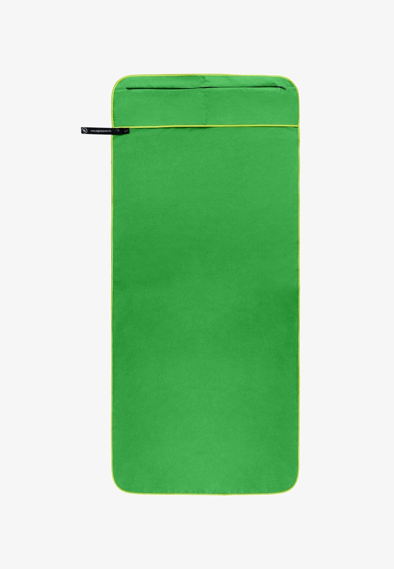 Green fabric sleeping bag with yellow piping, rectangular shape, smooth texture, and a zipper pocket at the top for storage.