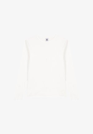 Langarm-T-Shirt aus weichem Baumwollstoff in Weiß mit einem runden Halsausschnitt und weitem Schnitt. Glatte Textur ohne sichtbare Muster oder Akzente.