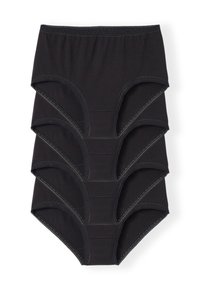 Pack de cinco bragas de algodón negro de corte alto, con una textura suave y adornos de encaje en la cinturilla y las aberturas de las piernas.