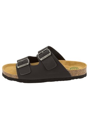 Sandalo nero con punta aperta, due cinturini regolabili con fibbia, sottopiede sagomato color cuoio, intersuola in sughero e suola in gomma nera.