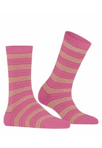 Rosa Socken mit horizontalen Streifen in Creme und Rot. Rippbündchen und glatte Textur. Knöchellang mit einer einfarbigen Spitze und Ferse.