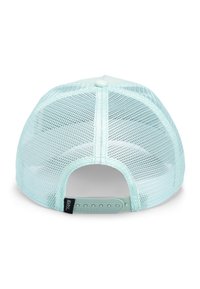 Casquette de baseball en mesh vert menthe avec un panneau arrière solide et une fermeture à pression réglable. Présente une étiquette noire avec du texte blanc sur le côté.
