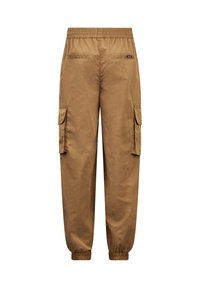 Bruine cargo broek van lichtgewicht stof met een elastische tailleband, zijzakken en elastische boorden bij de enkels.