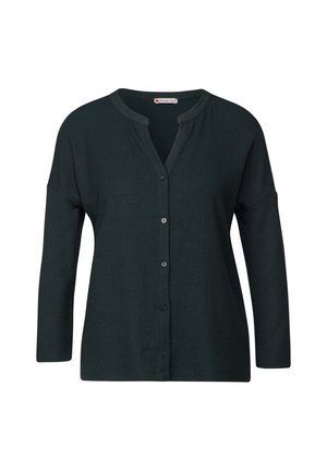 Donkergroene cardigan van een textuurstof, met een V-hals en knoopsluitingen aan de voorkant. Heeft lange, losvallende mouwen en geen zichtbare patronen.