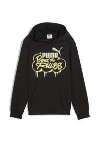 Svart huvtröja i bomull; har en framficka och ett gult grafiskt tryck med texten "PUMA Bend the Rules".