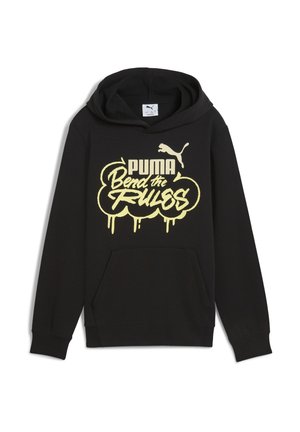 Svart huvtröja i bomull; har en framficka och ett gult grafiskt tryck med texten "PUMA Bend the Rules".