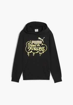 Čierna mikina s kapucňou vyrobená z bavlny; má predné vrecko a žltý grafický potlač s textom "PUMA Bend the Rules".