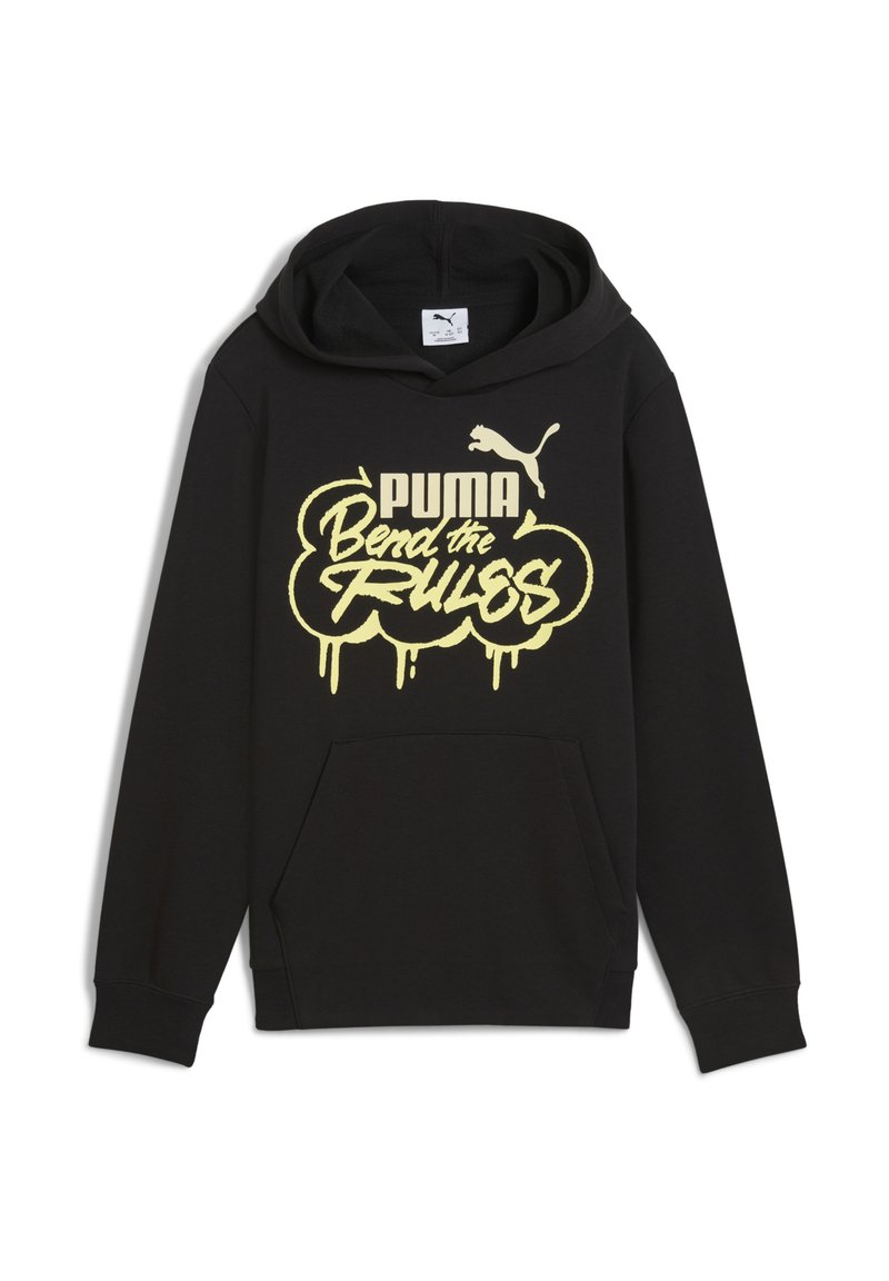 Svart huvtröja i bomull; har en framficka och ett gult grafiskt tryck med texten "PUMA Bend the Rules".