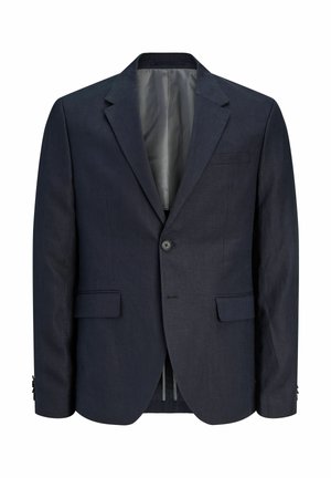 Herrejakke i mørk marineblå, enkeltknotret med hakkede revers, to frontlommer med klap, en brystlomme og lukkes med knapper.
