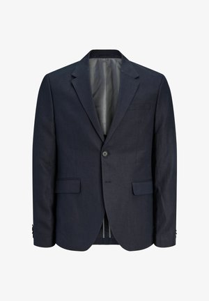 Herrejakke i mørk marineblå, enkeltknotret med hakkede revers, to frontlommer med klap, en brystlomme og lukkes med knapper.