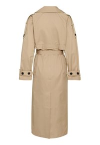 Beige trench coat with a belted waist, buttoned cuffs, and shoulder accents. Made of smooth fabric, featuring a mid-length design.
