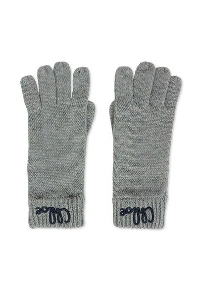 Guanti grigi a maglia con polsino a coste. Presentano scomparti separati per le dita e un logo blu ricamato sul polsino. Tessuto morbido e testurizzato.