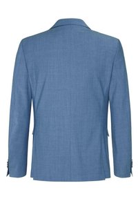 Light blue blazer with a textured finish, featuring a notched collar, two back vents, and buttoned cuff accents.