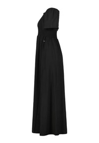 Svart maxi-klänning med en figursydd bodice, korta puffärmar och en flödande kjol. Texturerad tyg med en smockad design vid midjan.