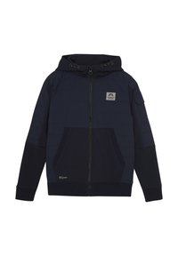 Marinblå huvjacka med vadderad textur, framsida med dragkedja, två fickor och en patchlogotyp på bröstet. Ribbad ärm- och midja.