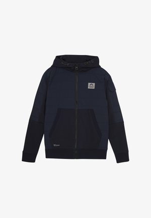 Granatowa kurtka z kapturem o pikowanej teksturze, zamek z przodu, dwie kieszenie i logo naszywka na piersi. Ściągacze na mankietach i u dołu.