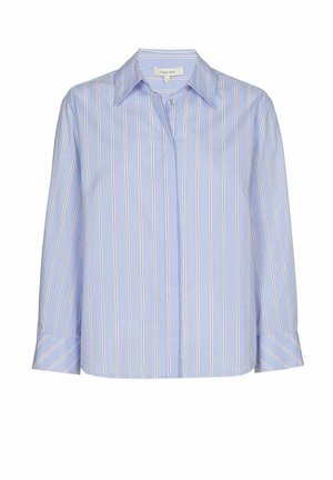 Lichtblauwe langwerpige blouse met witte en roze verticale strepen, puntige kraag en verborgen knoopsluiting.