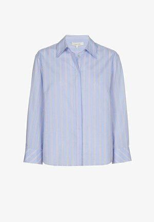 Light blue long-sleeve shirt with white and pink vertical stripes, pointed collar, and hidden button placket.
