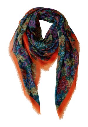 Vierkantige sjaal met een feloranje rand en een meerkleurig bloemmotief in blauwtinten, paars, groen en rood met franjes aan de randen.