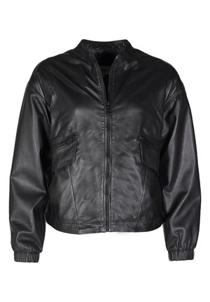 Mustan nahkainen pommikankaan takki, jossa on vetoketjukiinnitys, slim fit -malli, ribattu hihansuut, kaksi vetoketjullista sivutaskua ja pystykaulus. Sileä pinta.