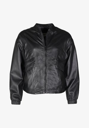 Zwarte leren bomberjack met een ritssluiting aan de voorkant, slim fit, geribbelde manchetten, twee ritszakken aan de zijkant en een opstaande kraag. Vriendelijke textuur.