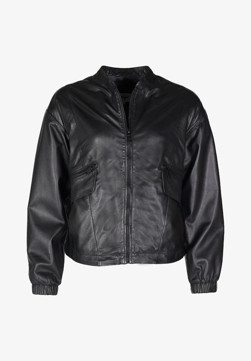 Schwarze Lederbomberjacke mit einem Reißverschluss vorne, schmaler Schnitt, gerippten Bündchen, zwei mit Reißverschluss versehenen Seitentaschen und einem Stehkragen. Glatte Textur.