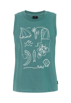 Turquoise mouwloos bovenstuk met witte lijntekeningen van een strandparasol, palmbomen, golven, vis, druiven, schelp en trappen met een halvemaan.