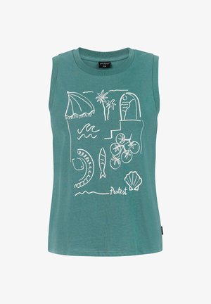 Top sin mangas color verde azulado con dibujos en línea blanca de sombrilla de playa, palmeras, olas, peces, uvas, concha y escaleras con una luna creciente.