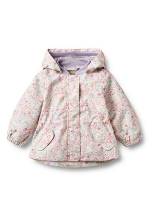 Kapuzensweatjacke in Kleinkindgröße mit pastellfarbenem Blumenmuster, elastischen Bündchen, Vordertaschen und fliederfarbenem, geripptem Innenfutter.