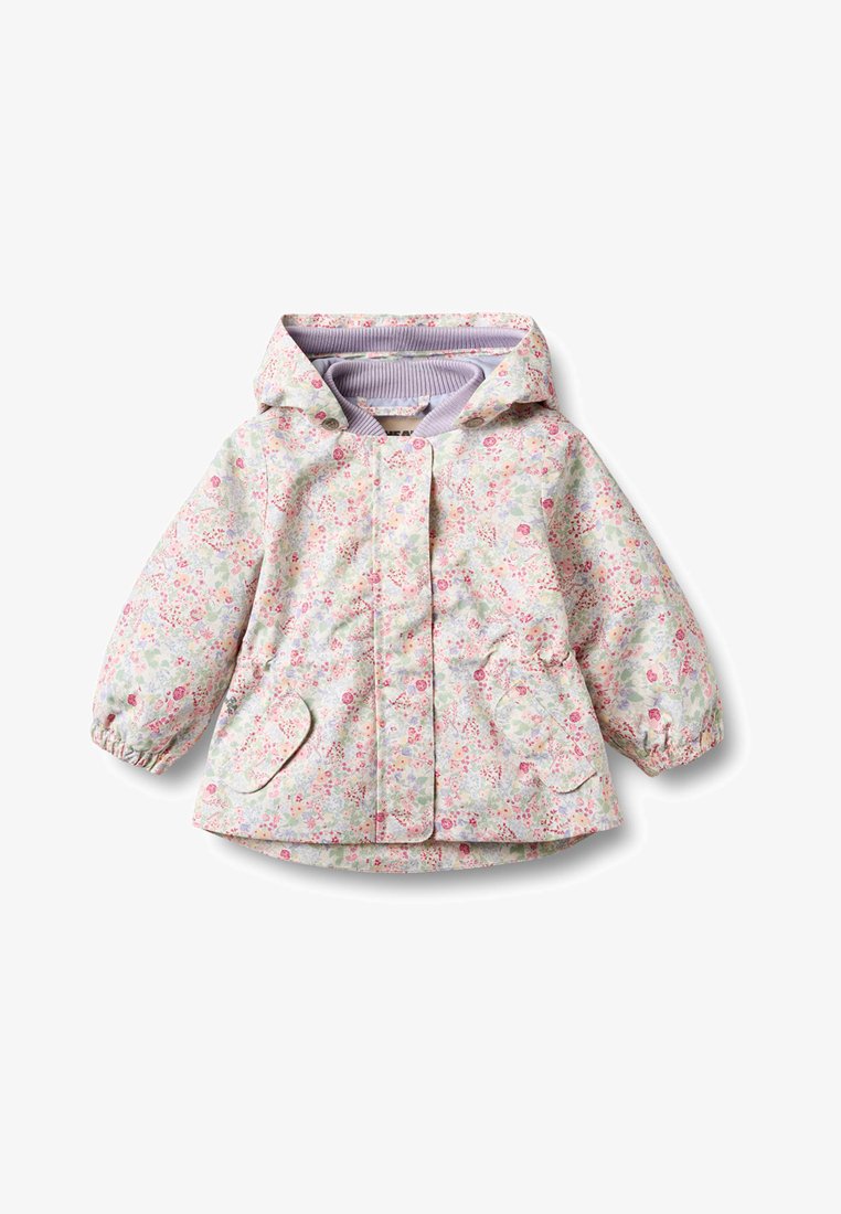 Veste à capuche taille tout-petit avec motif floral pastel, poignets élastiques, poches avant et doublure intérieure côtelée lavande.