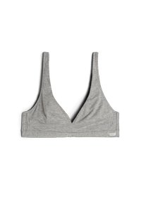 Grijze bralette met een diepe V-hals, gemaakt van zacht, rekbaar materiaal. Heeft brede schouderbanden en een naadloze afwerking.