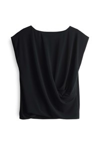 Top nero a maniche corte con scollo a barca e retro drappeggiato. Realizzato in tessuto morbido, presenta un dettaglio arricciato nella parte bassa della schiena.